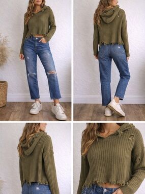 Gilded Intent Olive Distressed Hooded Sweater Ribbed Grunge Boho Size M